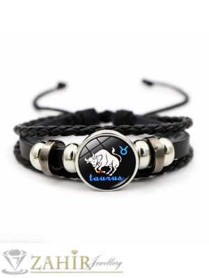 Гривна талисман със ЗОДИЯ ТЕЛЕЦ - с метална плочка 2 см и  черна ест. кожа, регулируема дължина, метални рингове - ZG1151